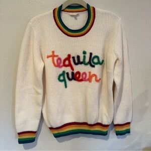 Queen of Sparkles Inspired Tequila Queen Rainbow Accent Knit Cream Sweater Small